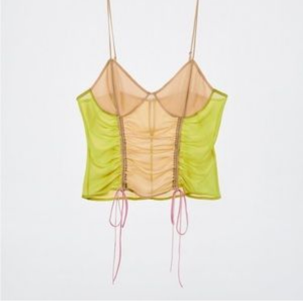 Zara strappy corsage styled sheer top yellow Small T9
